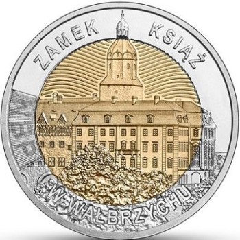 Rewers monety 5-złotowej w temacie "Zamek Książ w Wałbrzychu" z 2021 roku